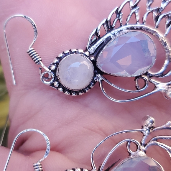 New Opal Opalite & Rainbow Moonstone 925 Silver Wings Earrings. - Picture 11 of 16